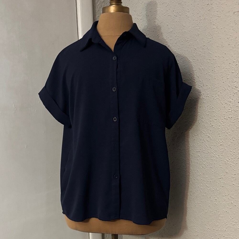 SHEIN Navy Blue Button-Up S Poetic Chic Casual Costal Preppy Nautical Literary